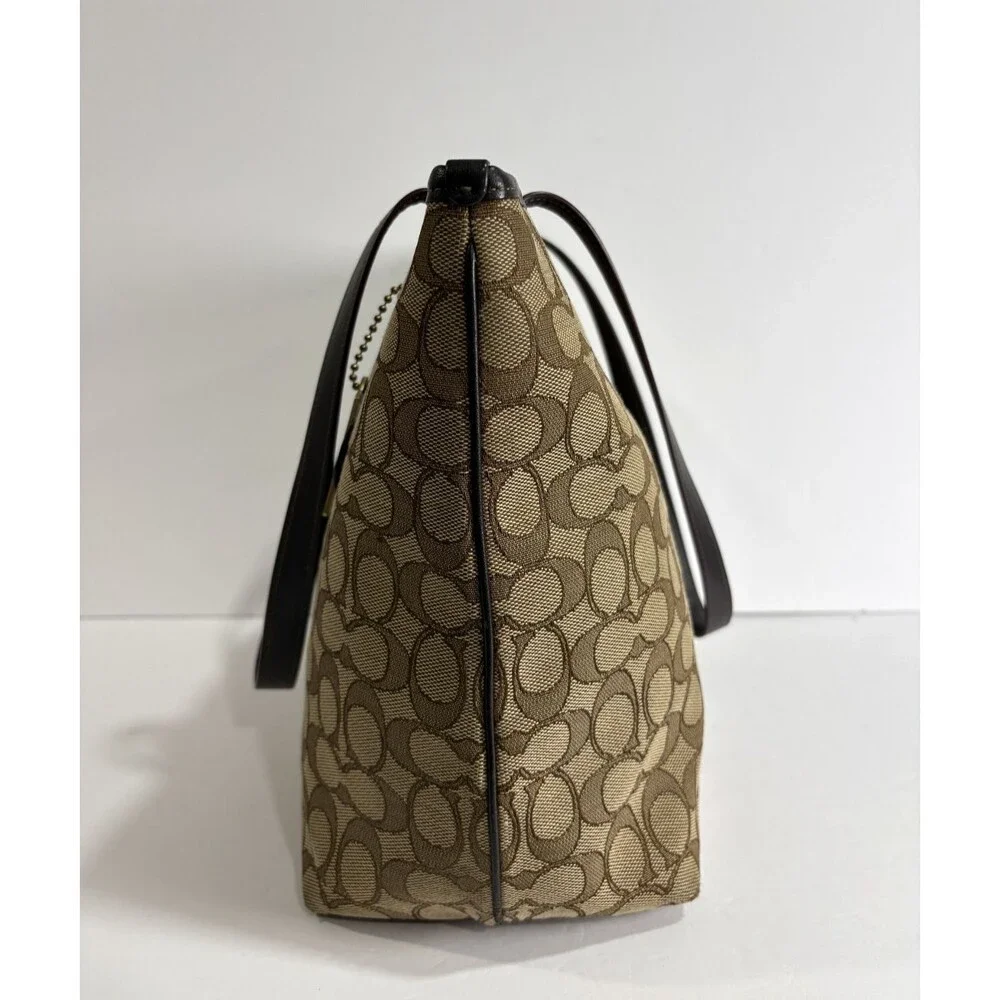 COACH Signature Taylor Tote Khaki Fabric Brown Leather Trim Shoulder Bag Purse
